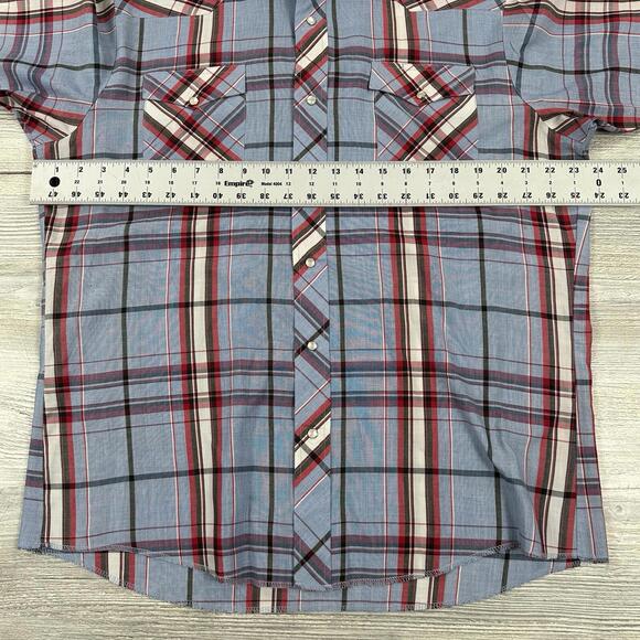 VTG Wrangler Shirt Mens Large Red White Baby Blue Pearl Snap Made USA EUC - Picture 4 of 6